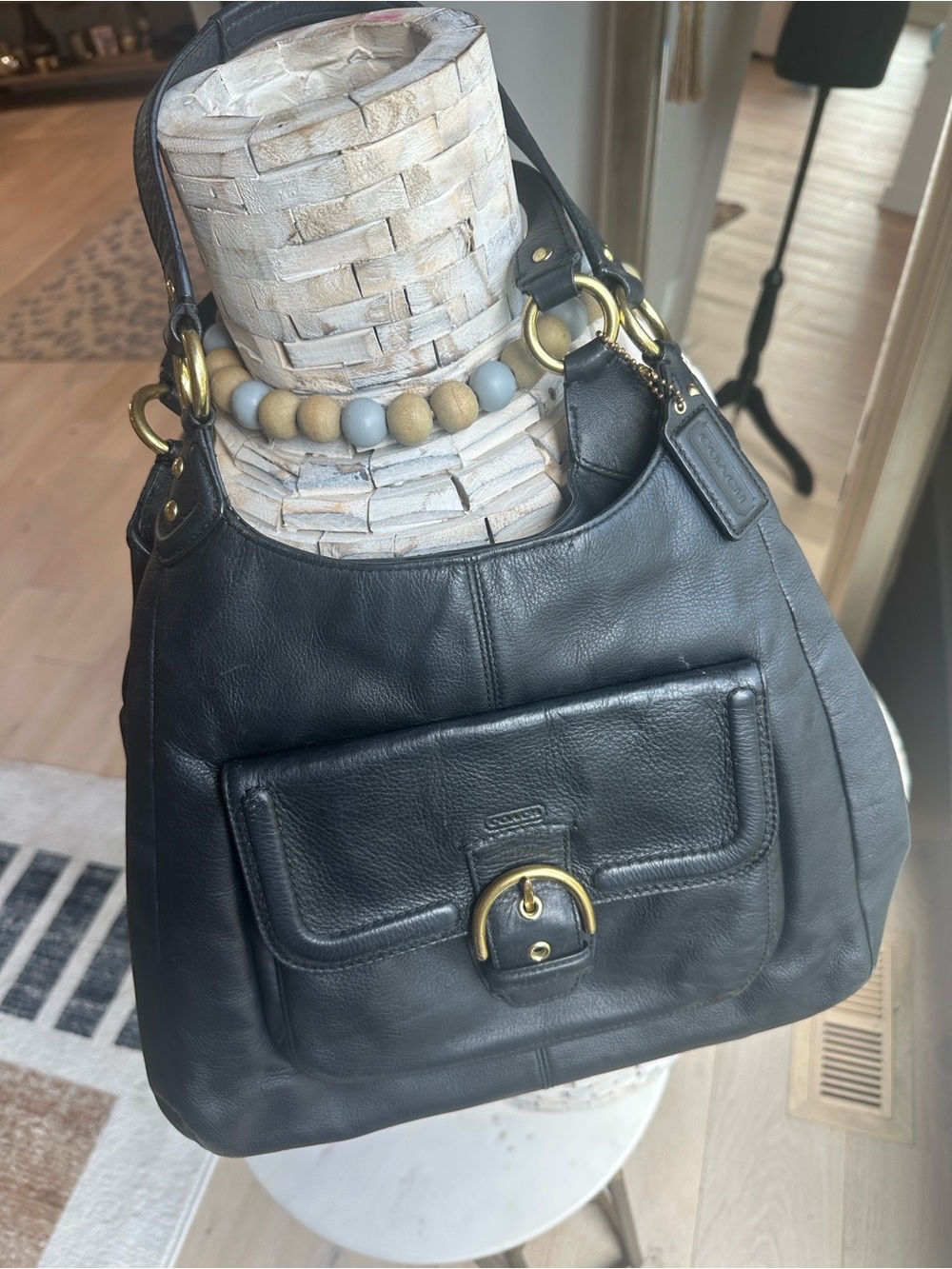 Coach Campbell Black Leather Hobo Bag with Front Buckle Pocket